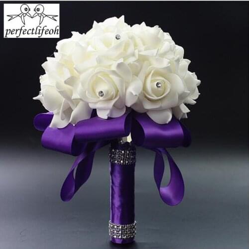Perfectlifeoh Fuchsia Rose Artificial Bridal Flowers Bride Bouquet Wedding Bouquet Crystal Silk Ribbon