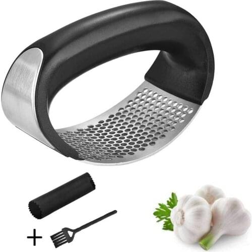 Stainless Steel Garlic Press with Handle Rocker Garlic Crusher Squeezer Slicer Mincer Chopper with Silicone Tube Peeler Clean