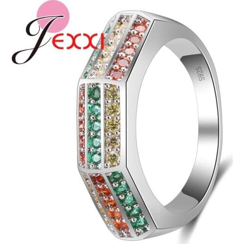 Simple Rainbow Small Colorful Crystal Stones Women Wedding Engagement Anniversary Rings Fashion 925 Sterling Silver Jewelry