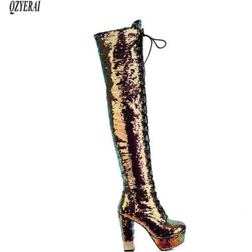 QZYERAI Color flash Over knee boots Female boots 13 cm high heels Womens boots Autumn winter Womens shoes Size 34-43