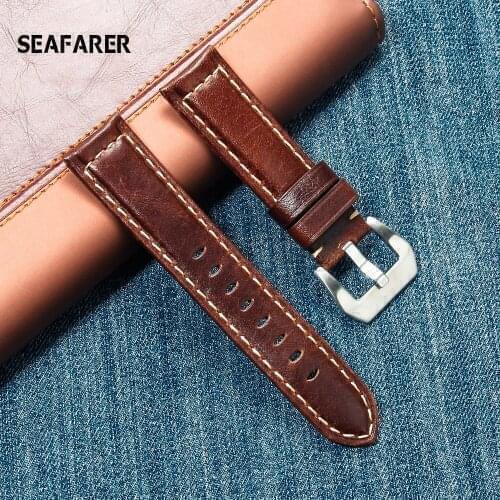 SEAFARER Genuine Leather Watchband for Galaxy Watch Strap 18mm 20mm 22mm 24mm Watch Band Tissot Timex Omega Wrist Bracelets