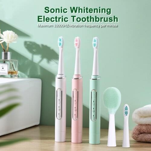 Sonic Whitening Electric Toothbrush USB Wireless Rechargeable 6 Modes Toothbrush 2 in 1 Vibration Facial Cleansing Brush Heads