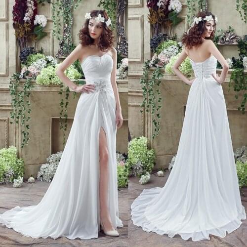 Chiffon Ruched Strapless Wedding Gowns Beads Sequins High Front Split 2021 Short Train Custom Made Lace Up Beach Bridal Dresses