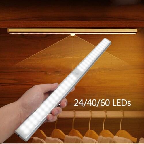 LED Under Cabinet Light USB Rechargeable 24/40/60 LED PIR Motion Sensor Night Light Kitchen Wardrobe Induction Stair Wall Lamp