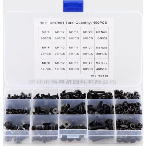 Countersunk Hex Socket Cap Screws Suit Black High Strength Hex Socket Flat Countersunk Head Cap Screws Cooperate Nut Suit 460pcs