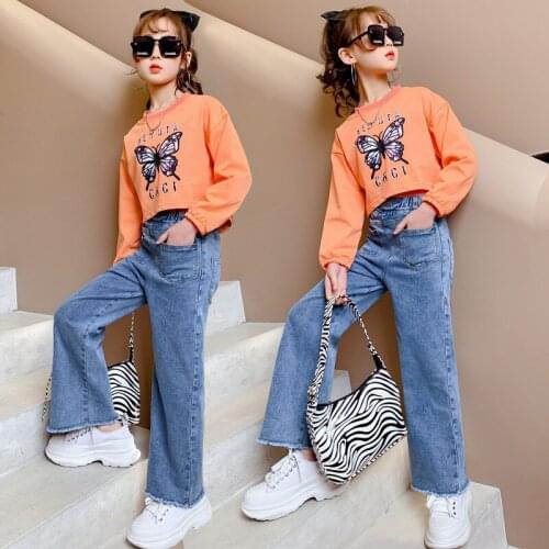 Jean Butterfly Spring Autumn Clothes Set Baby Girls Sweatshirts + Pants 2pcs/Set Kids Costume Teenage Girl Clothing High Quality