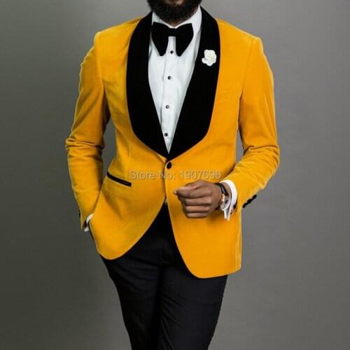 Yellow Velvet Wedding Tuxedo with Black Pants 2 Piece Slim Fit Men Suits for Prom African Male Fashion Blazer 2020