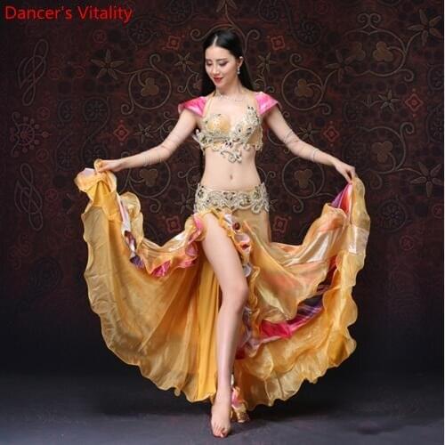Women Dancewear Belly Dance Clothes Oriental Dance Outfits Bra Belt Belly Dance Skirt Beaded Golden Costume