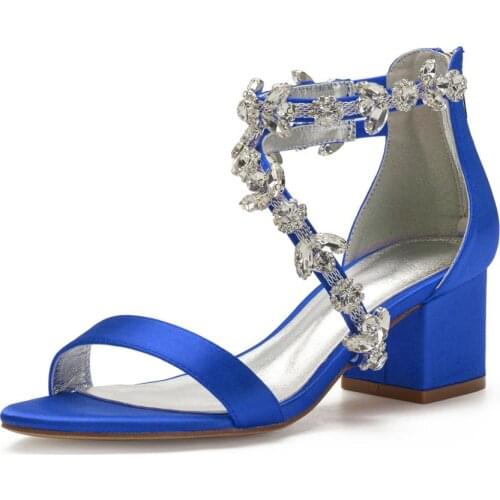 Bling Big Stone Crystal Satin Sandals Chunky Block Heels Lady Dress Shoes Twisted Strap Zip back Bridal Wedding Party Birthday