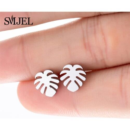 SMJEL Exaggerated Bohemia Metal Hollow Leaves Earrings Coconut Palm Leaf Big Beach Stud Earrings For Women Girl Stainless Steel
