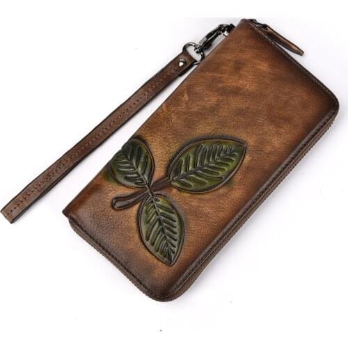 Women Real Cowhide Clutch Wallets Card Holders Printing Greenery Handy Wallets Vintage Genuine Leather Long Zipper Purse