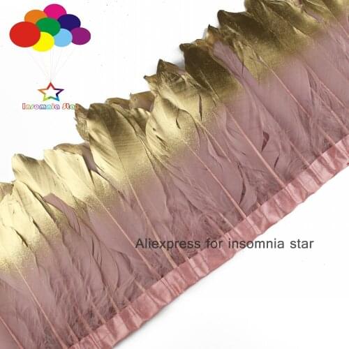 2 Meter Pale pink colored Goose feather fringe paint gold tips Feathers Trims with Satin Ribbon Tape center plumas faisan view