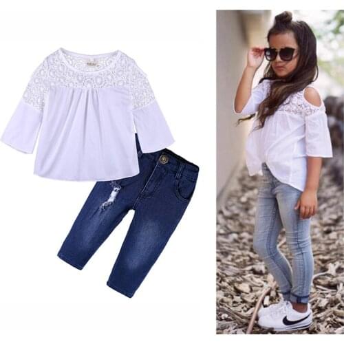 2020 Summer baby girl clothes White Hollow out top shirt + jeans Two Piece Suit kids clothes For 6 Months-7 Years old