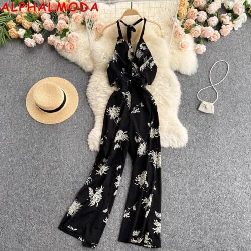 ALPHALMODA 2021 Beach Backless Ruffled Hollow Out Women Casual Printed Jumpsuit Halter Neck Wide-leg High Waist Overall Outfit