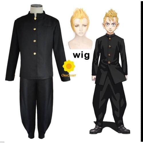 Anime Tokyo Revengers Takemichi Hanagaki Cosplay Black Costume Top Pants Cloak Wig Halloween Party Role Play Uniform Men Outfits