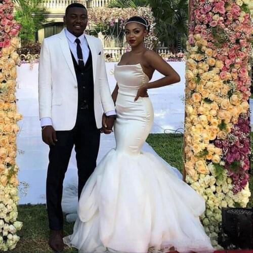 Country Garden Satin Mermaid Wedding Dresses For Nigeria African Strapless Princess Wedding Gowns 2022 Zipper Tulle Bride Dress