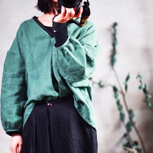 Johnature 2021 New Chinese Style Linen Blouses Top Women Spring Shirts V-Neck Casual Solid Color Loose Casual 3 Colors Top
