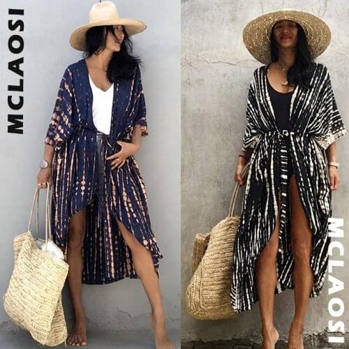 MCLAOSI Rayon Striped Tie-Dye Cardigan Beach Wear Bikini Cover Up Blouse Swimsuit Cardigan Sun Protection Clothing Holiday Skirt