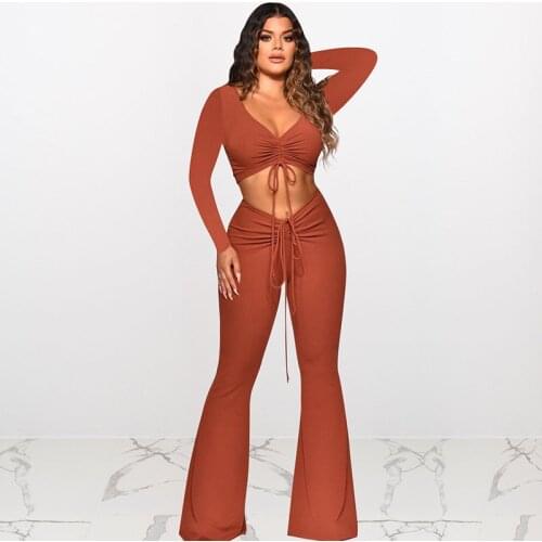 Knit Rib Drawstring Ruched 2 Piece Sets Womens Outfits Fall Clothes Long Sleeve Crop Top and Flare Pant Suits Matching Sets Club