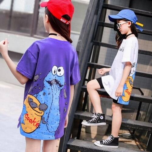 2020 New Summer Kids Girl Long Tops Teenage Cartoon Tiger Cotton T-shirt Long Sleeve