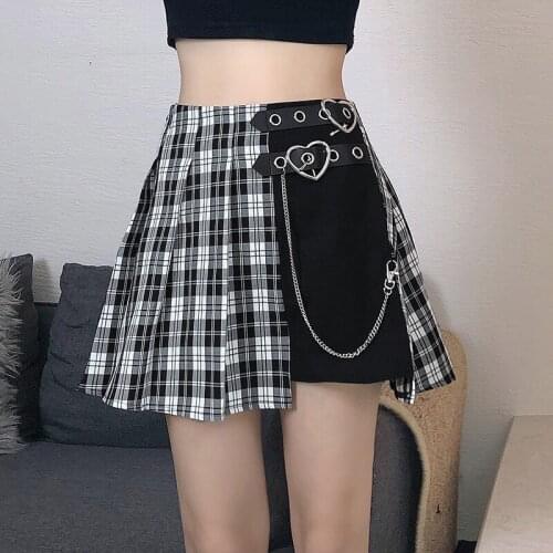 Summer Sexy Hot Black and White Plaid Short Skirts Women High Waist Mini Skirt With Metal Chain and Heart Belt