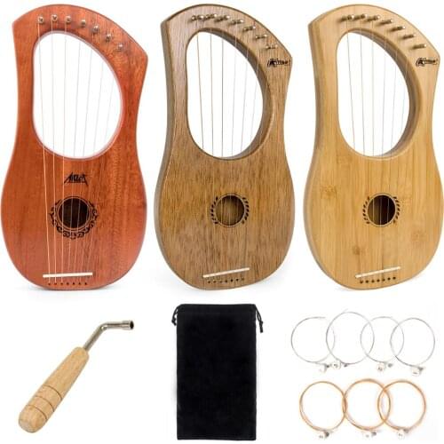 Lyre Harp 7 String Instrument Mahogany Bone Nut w/ Tuning Wrench Bag for Beginner Music Lover Birthday Christmas Gifts
