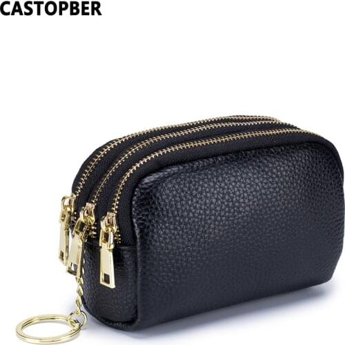 Fashion Triple 3 Layers Zipper Pouch Small Cow Genuine Leather Coin Purse With Key Ring Women Mini Changes Wallet High Quality