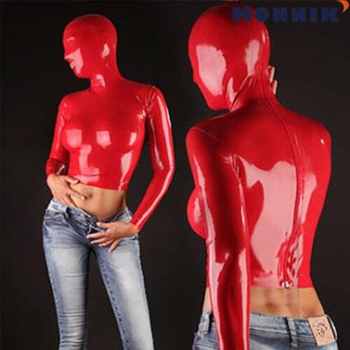 MONNIK latex Latex mask Latex Hooded Top Back Zipper Catsuit Bodysuit Rubber Costumes Cosplay Party Wear