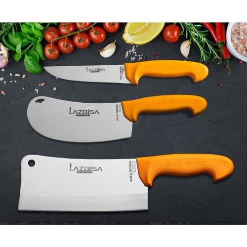 Lazbisa Kitchen Knife Set Butcher Meat Bone Fruit Vegetable Fish Onion Pita Pizza Row 3 pcs Gold Series
