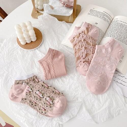 Fashion Women Socks New Spring Summer Invisible Retro Printed Pink Flower Socks Girls Women Casual Short Cotton Ankle Socks