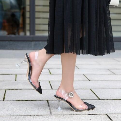 Sexy Party Women Shoes PVC Transparent Ankle Strap Buckle Pointed High Heels Summer Candy Color Matching Sequined Ladies Sandals