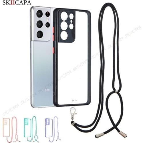 Crossbody Lanyard Necklace Transparent Case For Samsung S21 Ultra S20FE A51 A71 A12 A32 A42 A52 A72 5G Soft Bumper Hard PC Cover