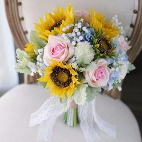SexeMara Pink Blue Sunflower Sun Flower Hydrangea Gypsophila Simulation Bride Photography Bouquet A7