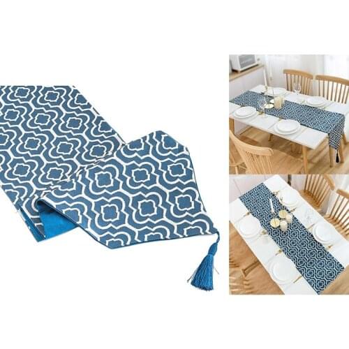Blue Table Runner Jacquard Coffee Table Runner with Tassels Dresser Scarf for Home Decor, Party, Wedding