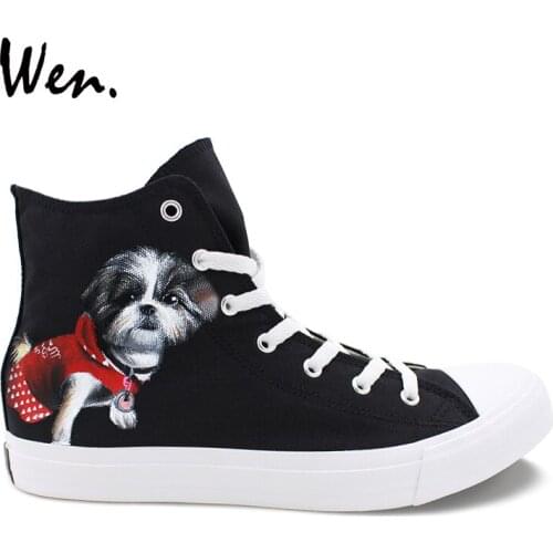 Wen Original Design Dog Dressed In Red Hand Painted Canvas Sneakers Custom High Top Skateboarding Sport Shoes for Women Men