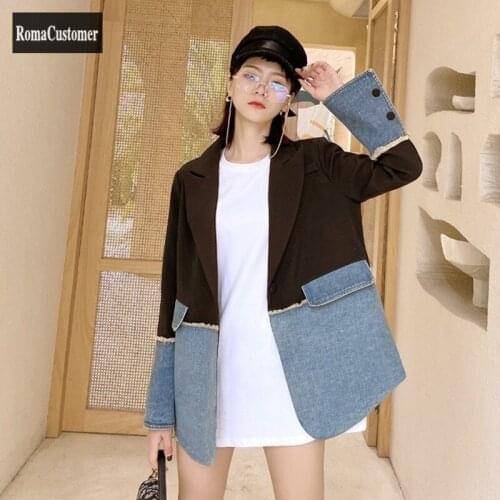 Autumn Suits Jackets Womens 2021 New Korean Denim Spliced Loose Single Buttom Vintage High Street Casual Female Elegant Blouse