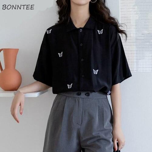 Shirt Women Embroidery Loose Korean Style Simple Chic All-match Ladies Trendy Streetwear Causal Girls Ins Vintage BF Daily New