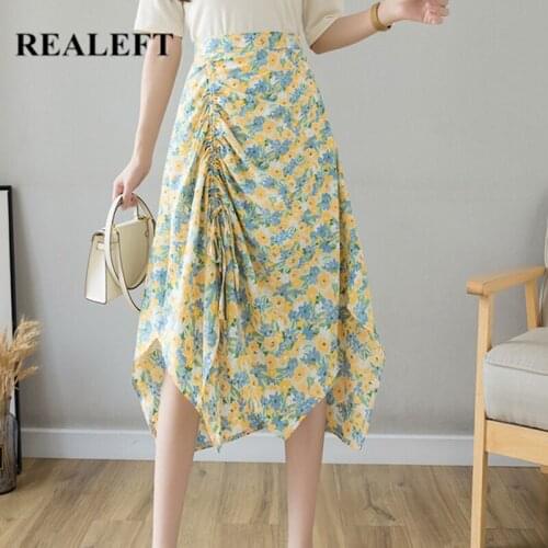 REALEFT Summer 2021 Chiffon Floral Printed Womens Midi Skirts Elegant Lace Up Female High Waist Irregular Office A-Line Skirts