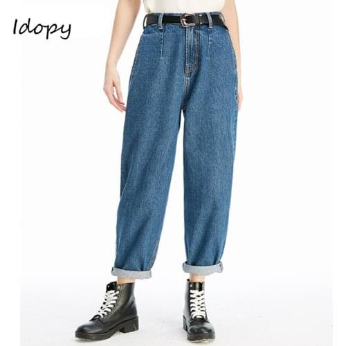 Idopy Womens Casual Vintage Washed Blue Jeans Female Loose Fit Jeans Plus Size Joggers Denim Pants For Women