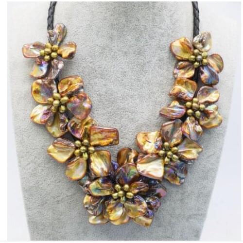 Women Classic Jewelry natural pearl 7 flower brown baroque shell pearl necklace black leather 18" 45cm