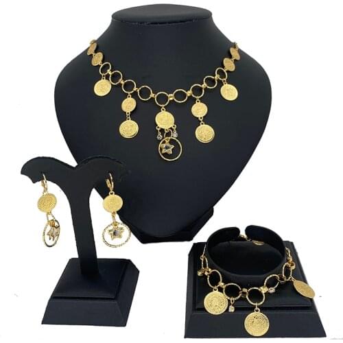 Dubai Gold Color & Copper Necklace Earrings Bracelet Wedding Birthday Party Gift Coins Jewelry set for Women fashion