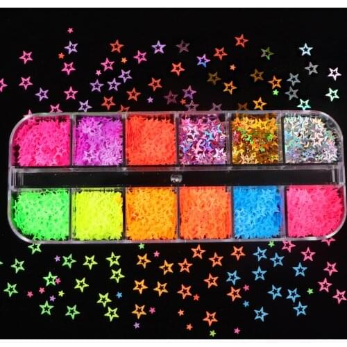 12 Grids/Box Fluorescence Hollow Star Heart Shape Neon Nail Glitter Flakes Summer Shiny Sequins 3D Manicure Nails Art Decoration