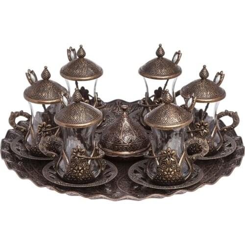 Handmade authentic Design Turkish Greek Arabic Tea Set for 6 Service Tea, Cups Saucers Lids Tray Delight Candy Dish GIFT