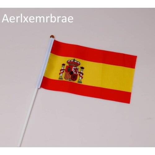 Free shipping 50pcs 14x21cm The Spanish flag hand waving flags with Plastic Flagpoles spain hand flag