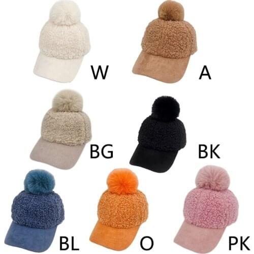Women Winter Faux Fleece Baseball Peak Cap Fuzzy Warm Solid Color Cute Pompom Hip Hop Sunscreen Visor Brim Beanie Hat
