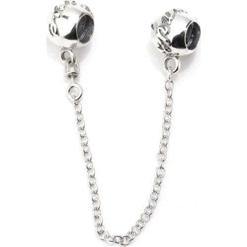 Real 925 Sterling Silver Thread Bead Charm Bow Safety Chain with Letter of Alphabet Beads Fit Europe Bracelet Bangle Jewelry