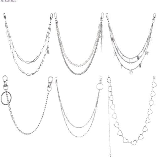 Butterfly Pearl Chain For Pant Hip Hop Punk Silver Metal Key Chain Belts On Jeans Heart Belt Keychain