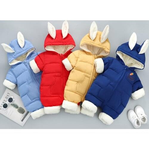 Baby Winter Hooded Rompers Thick Cotton Warm Outfit Newborn Jumpsuit Overalls Snowsuit Children Boys Clothing Bunny Eear
