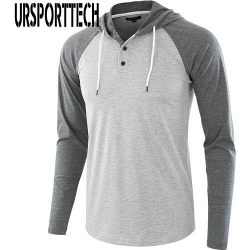 Autumn Mens Tshirt Casual Loose Hooded Tops Tees Shirt Male New Sportswear Hoodie Patchwork Long Sleeve Mens T-shirt Clothing