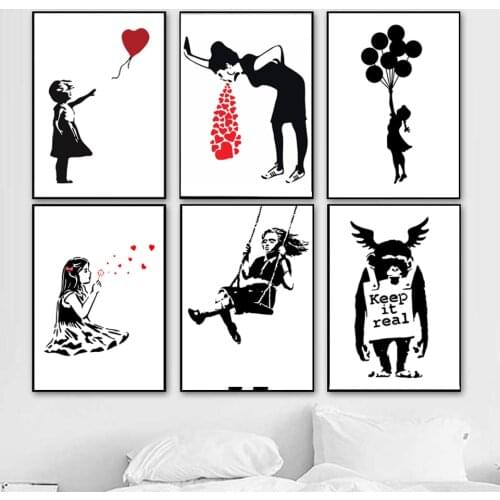 Banksy Graffiti Art Collection Canvas Painting Girl With Red Balloon Black White Wall Art Poster Nordic Living Room Home Decor